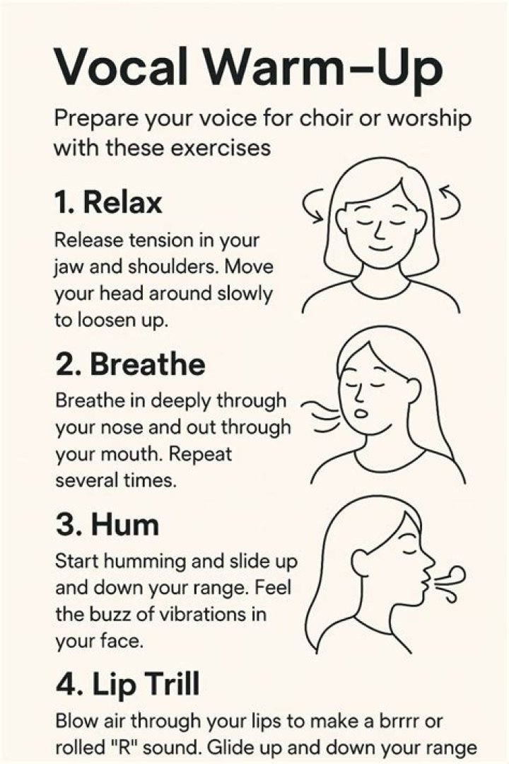 What are the six vocal warm up exercises?