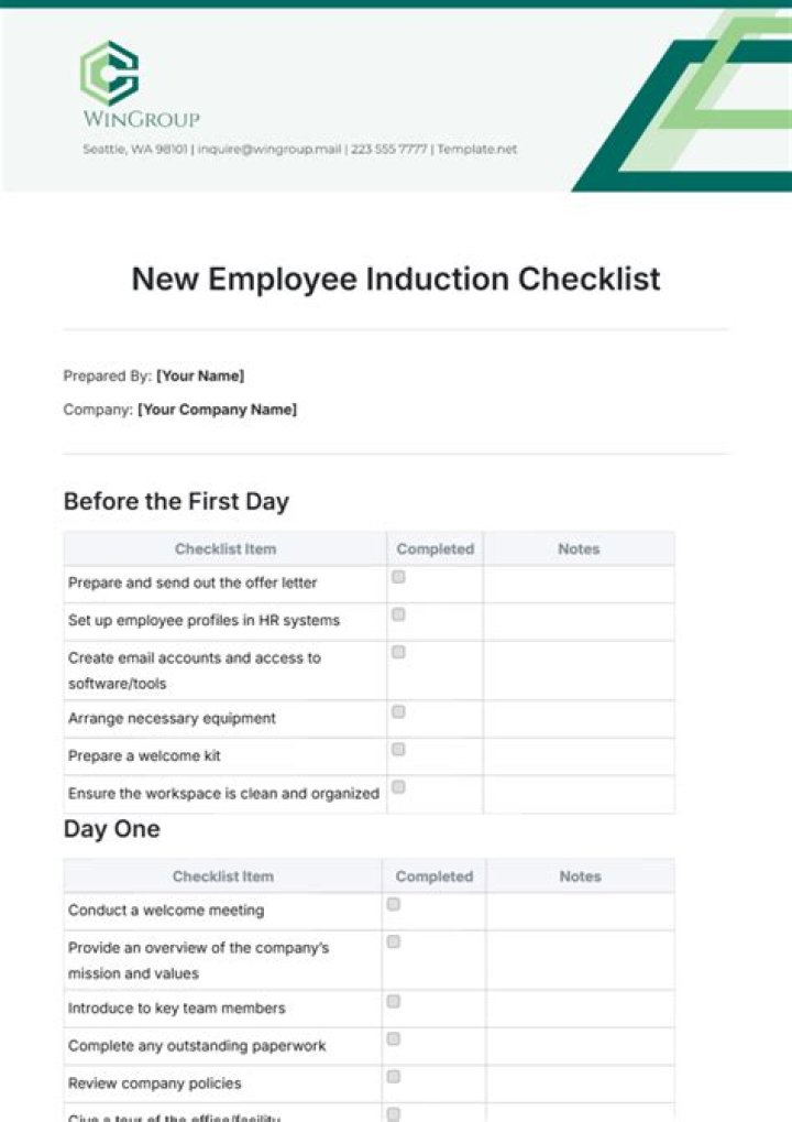What should be included in an induction checklist?